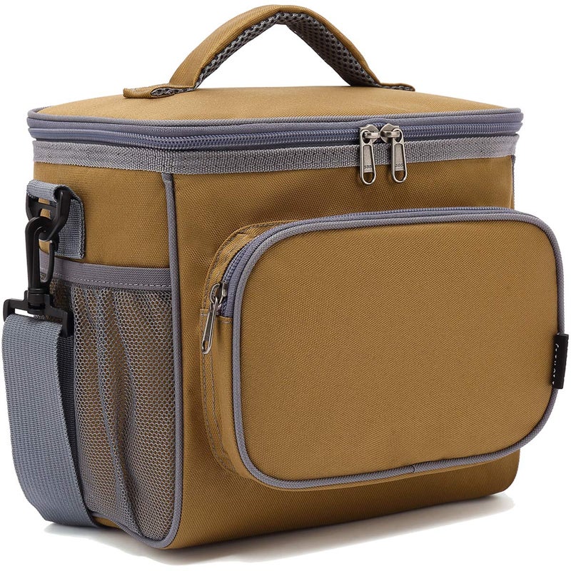 FlowFly Insulated Reusable Lunch Bag Adult Large Lunch Box for Women and Men with Adjustable Shoulder Strap,Front Zipper Pocket and Dual Large Mesh Side Pockets,Brown - Image 1